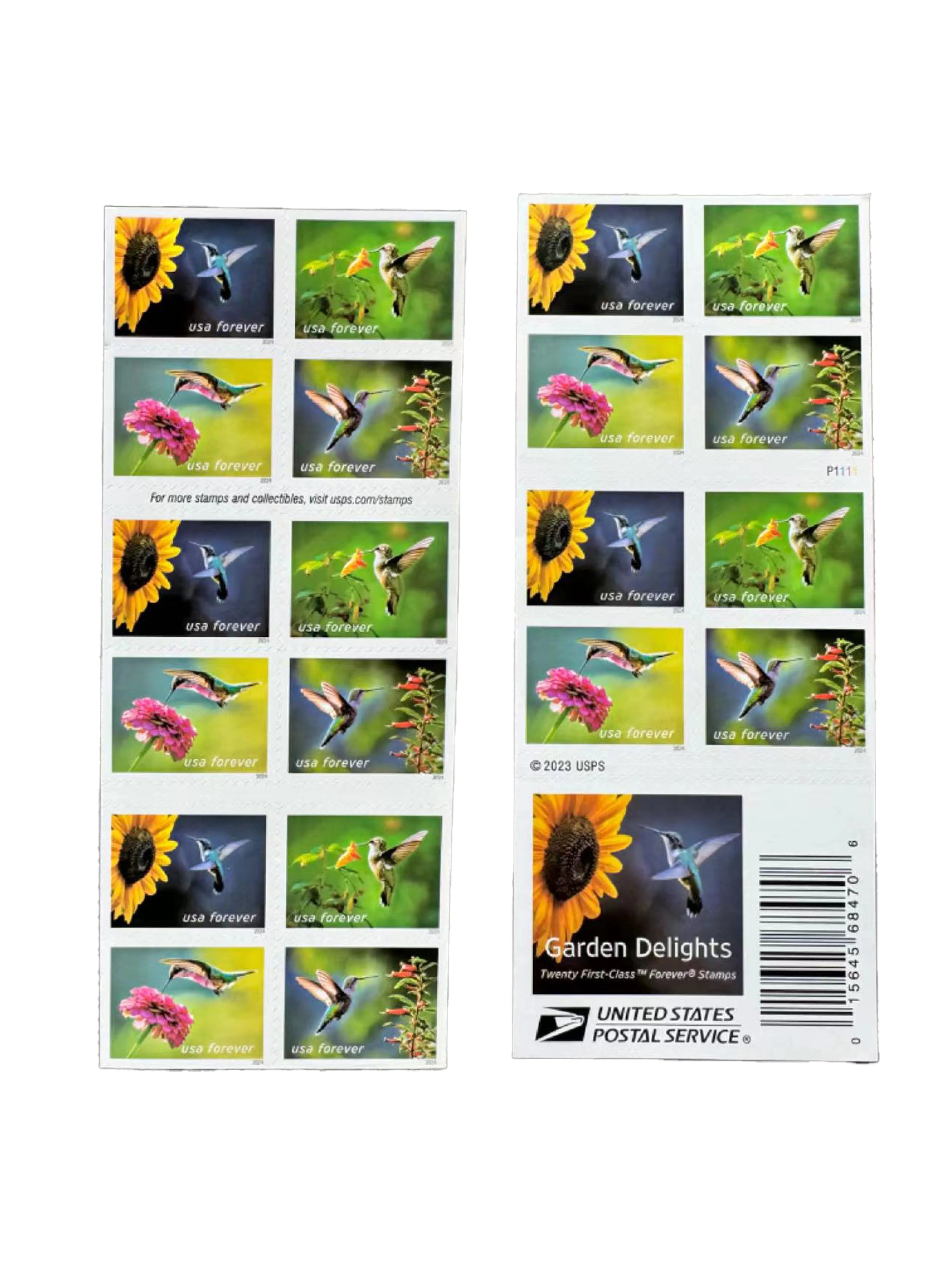 USPS Garden Delights Forever Stamps - Book of 20 - Hummingbirds & Flowers