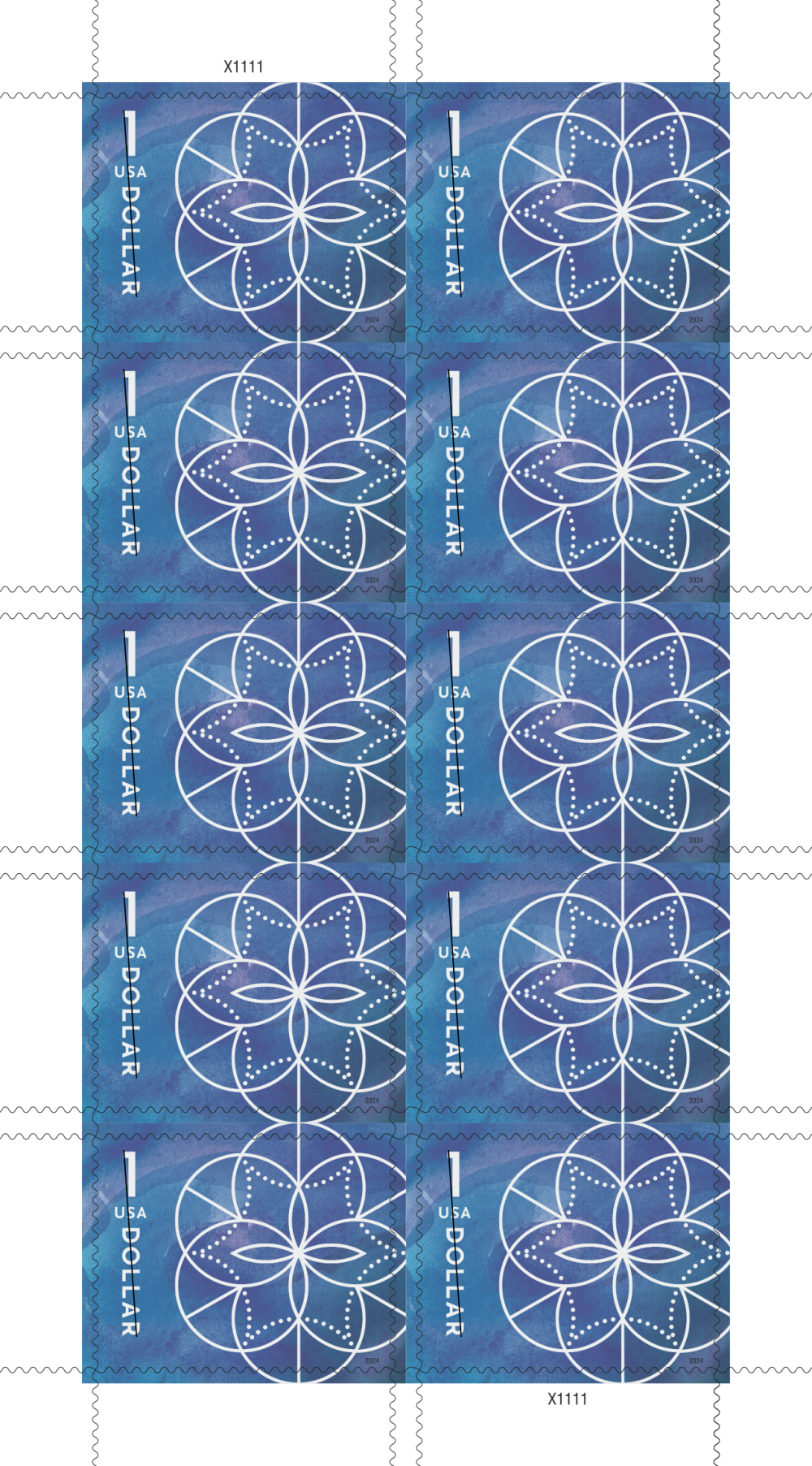 USPS $1 Floral Geometry Stamps - Sheet of 10 - High Denomination Postage