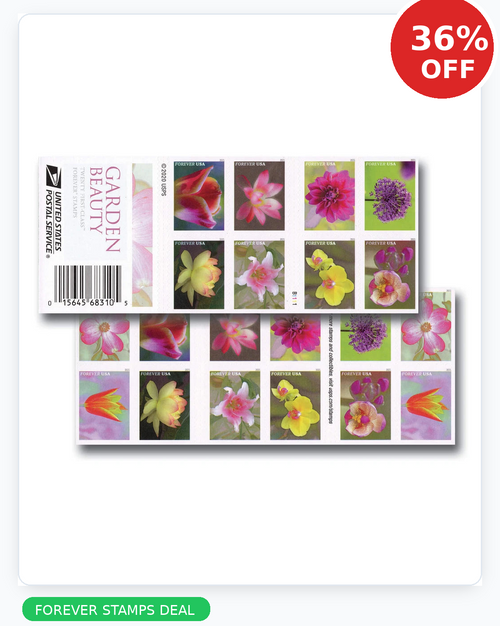 USPS Garden Beauty Forever Stamps with 36 percent off badge