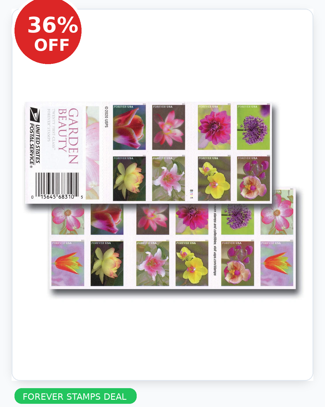 USPS Garden Beauty Forever Stamps with 36 percent off badge on left