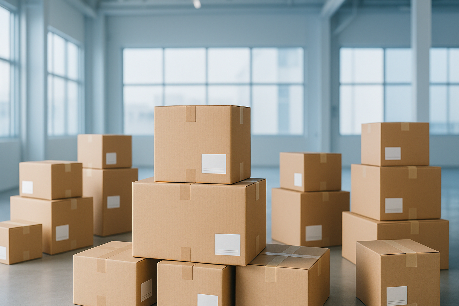 Stacked packaged shipping boxes
